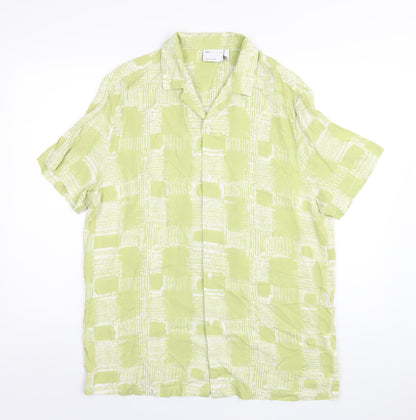 ASOS Mens Green Geometric Viscose Button-Up Size S Collared Button