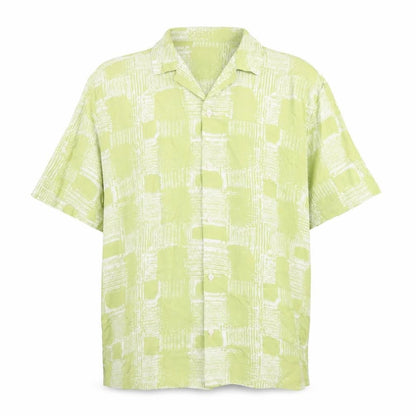 Front view of ASOS men’s green geometric viscose button-up, size S, collared button