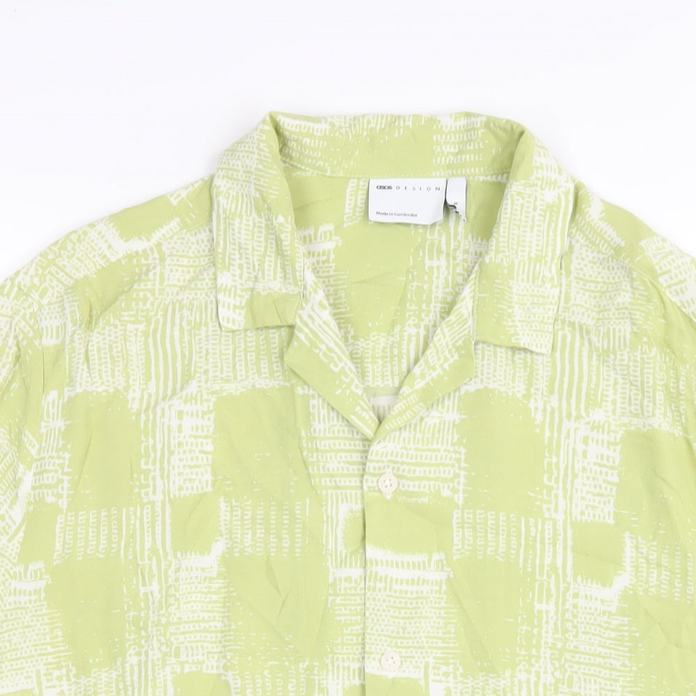 ASOS Mens Green Geometric Viscose Button-Up Size S Collared Button