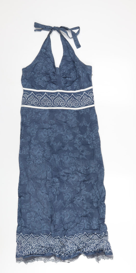 Klass Womens Blue Geometric Cotton A-Line Size 12 Halter Zip