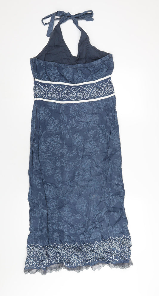 Klass Womens Blue Geometric Cotton A-Line Size 12 Halter Zip