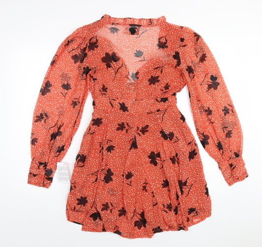 ASOS Womens Orange Geometric Polyester A-Line Size 8 V-Neck Zip