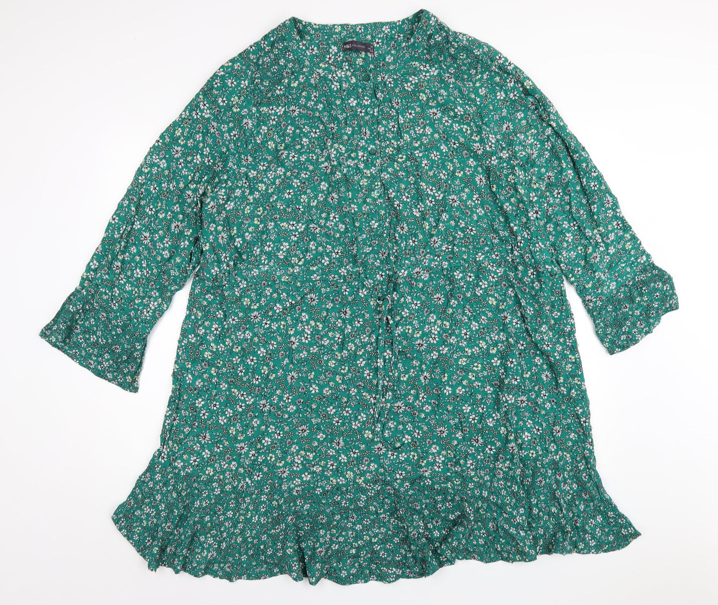 Marks and Spencer Womens Green Floral Viscose A-Line Size 20 Off the Shoulder Button