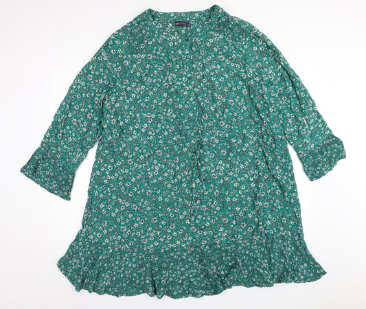 Marks and Spencer Womens Green Floral Viscose A-Line Size 20 Off the Shoulder Button
