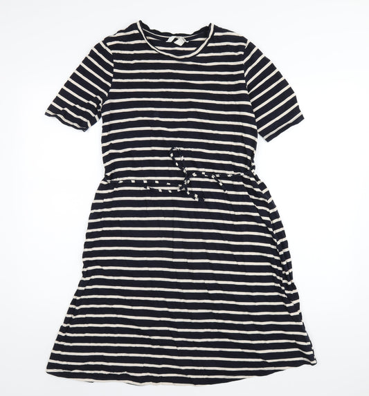 H&M Womens Blue Striped Cotton A-Line Size S Round Neck Pullover