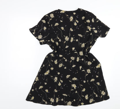 Boohoo Womens Black Floral Polyester Wrap Dress Size 12 V-Neck Tie