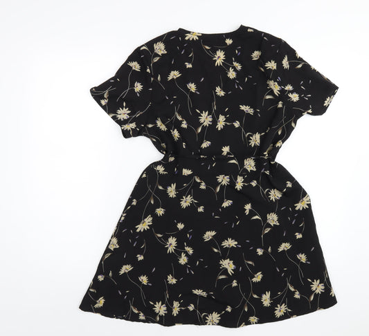 Boohoo Womens Black Floral Polyester Wrap Dress Size 12 V-Neck Tie