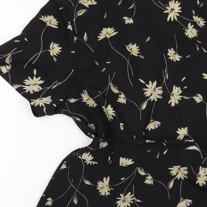 Boohoo Womens Black Floral Polyester Wrap Dress Size 12 V-Neck Tie