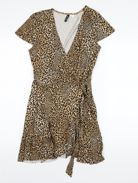 H&M Womens Brown Animal Print Polyester Wrap Dress Size 10 V-Neck Tie