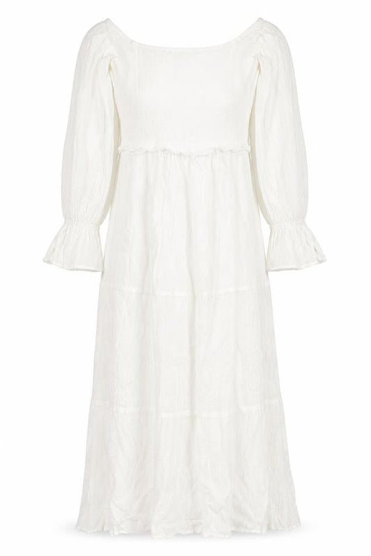 Front view of In the Style women’s white viscose a-line, size UK 12, off the shoulder zip