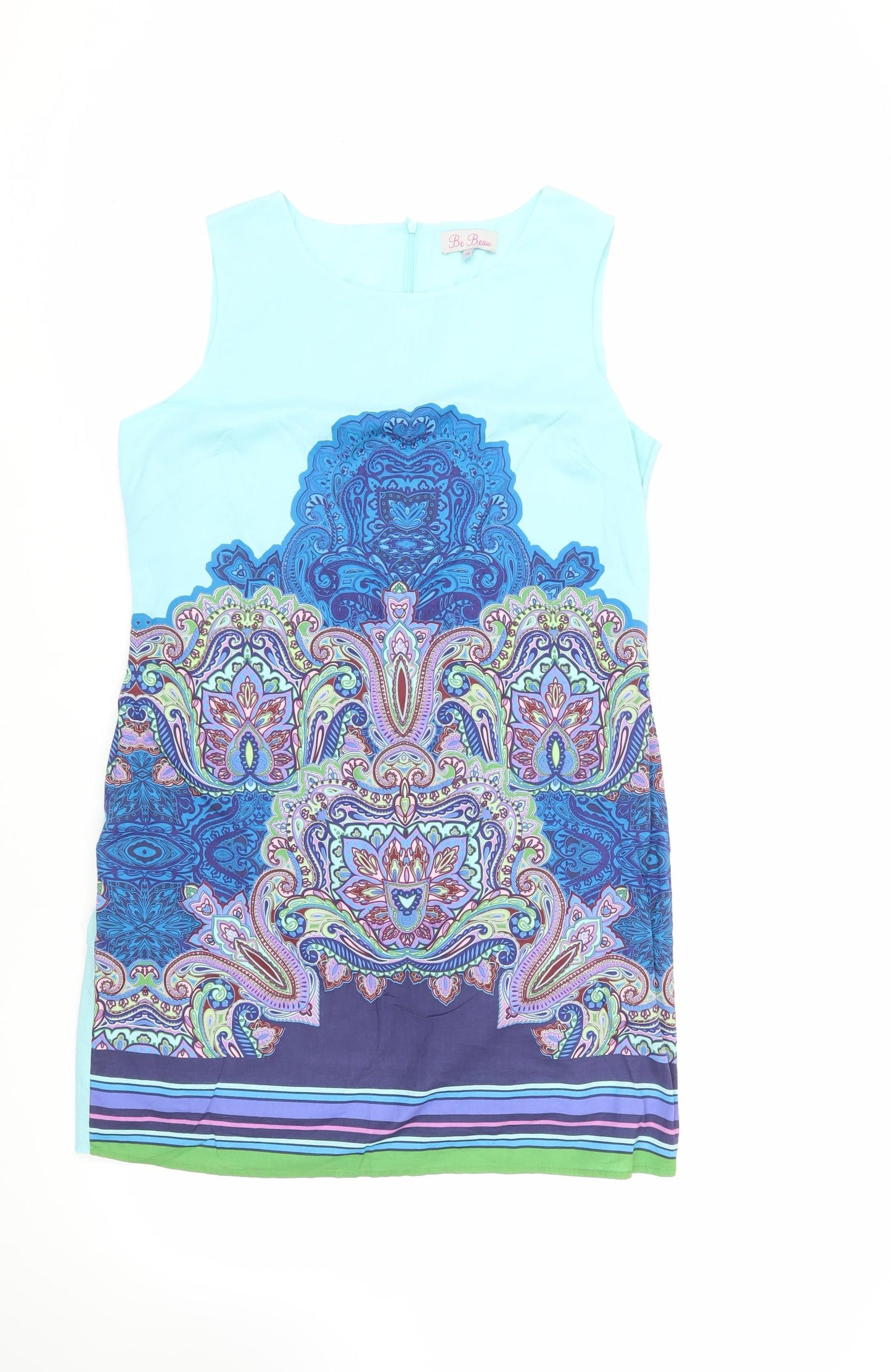 Be Beau Womens Blue Paisley Cotton Shift Size 16 Boat Neck Zip - Lined