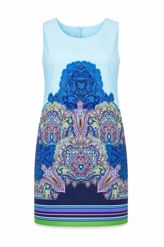 Front view of Be Beau women’s blue paisley cotton shift, size UK 16, boat neck zip - lined