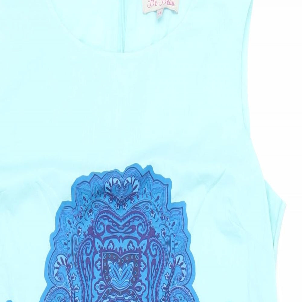 Be Beau Womens Blue Paisley Cotton Shift Size 16 Boat Neck Zip - Lined