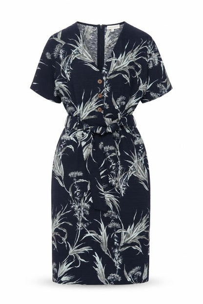 Warehouse Womens Blue Floral Polyester Sheath Size 8 V-Neck Zip - Belted