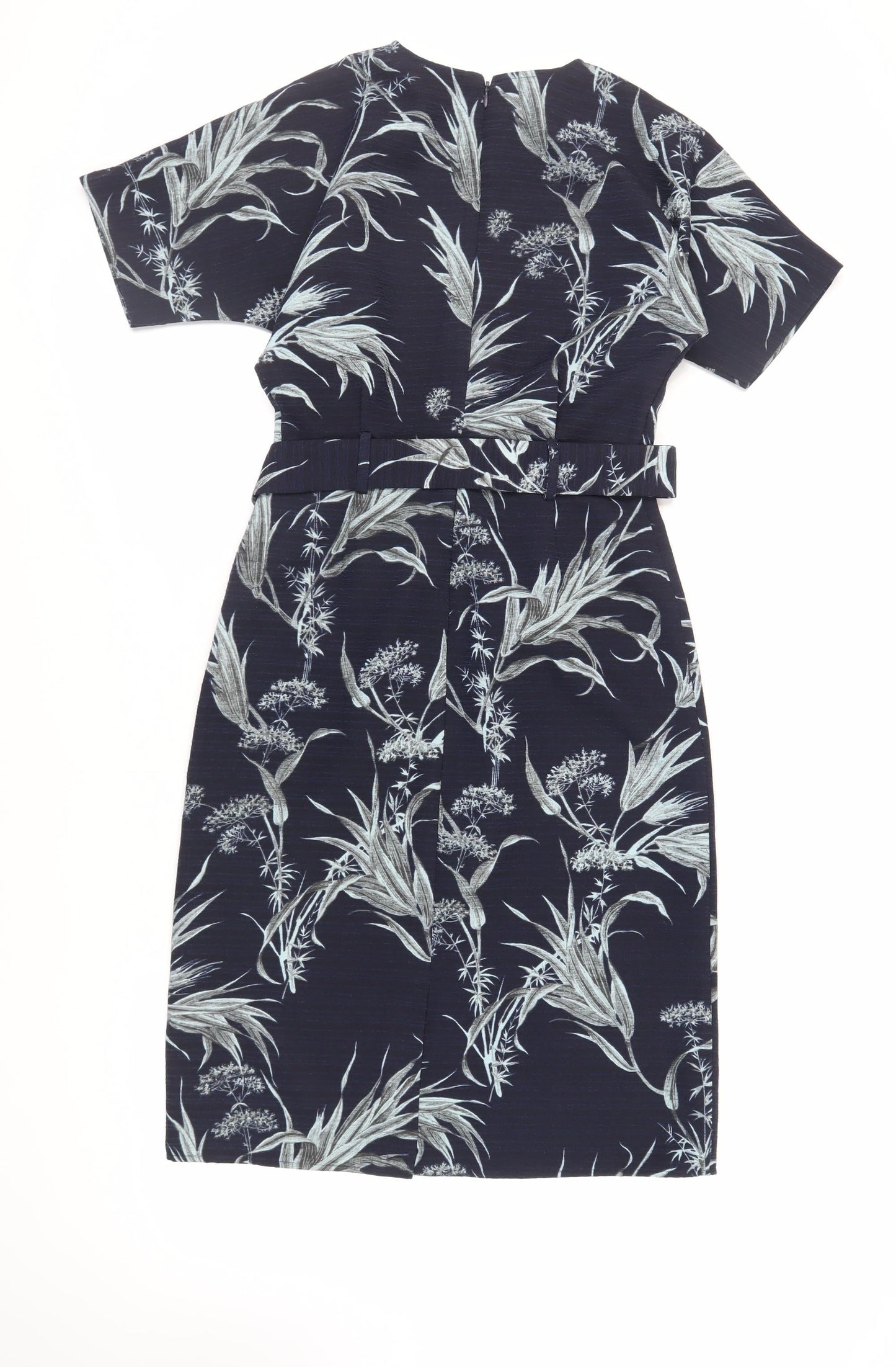 Warehouse Womens Blue Floral Polyester Sheath Size 8 V-Neck Zip - Belted