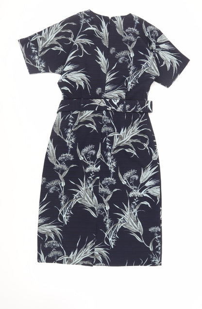 Warehouse Womens Blue Floral Polyester Sheath Size 8 V-Neck Zip - Belted