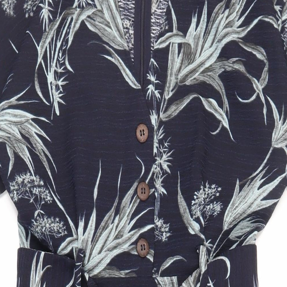 Warehouse Womens Blue Floral Polyester Sheath Size 8 V-Neck Zip - Belted