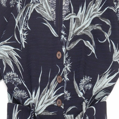 Warehouse Womens Blue Floral Polyester Sheath Size 8 V-Neck Zip - Belted