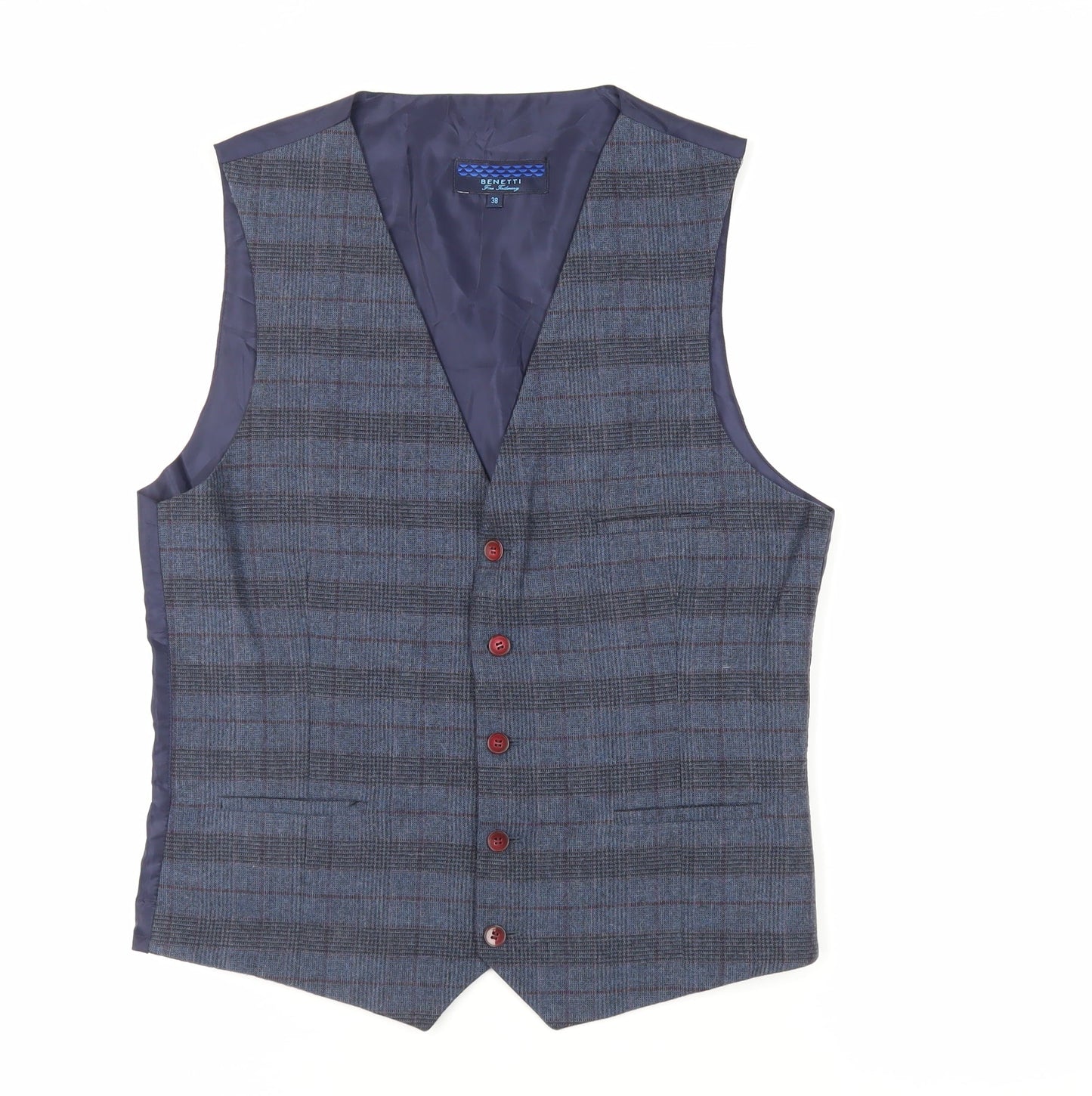 Brnetti Mens Blue Plaid Polyester Jacket Suit Waistcoat Size 38 Regular