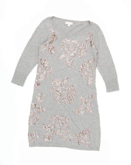 Monsoon Womens Beige Cotton Jumper Dress Size S Boat Neck - Sequins Embroidered
