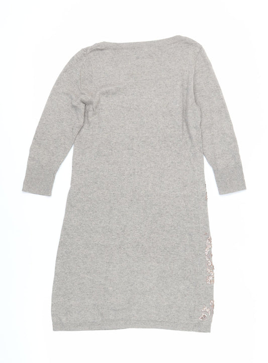 Monsoon Womens Beige Cotton Jumper Dress Size S Boat Neck - Sequins Embroidered