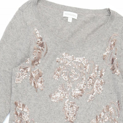Monsoon Womens Beige Cotton Jumper Dress Size S Boat Neck - Sequins Embroidered
