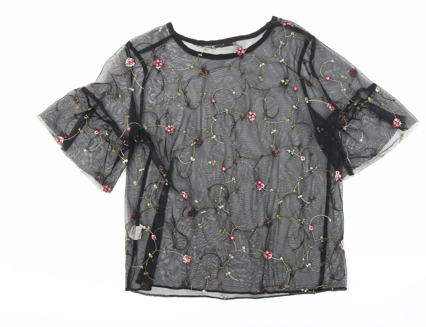 Chic Coral Womens Multicoloured Floral Polyester Tunic Blouse Size 10 Round Neck - Embroidered Flowers
