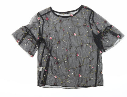 Chic Coral Womens Multicoloured Floral Polyester Tunic Blouse Size 10 Round Neck - Embroidered Flowers