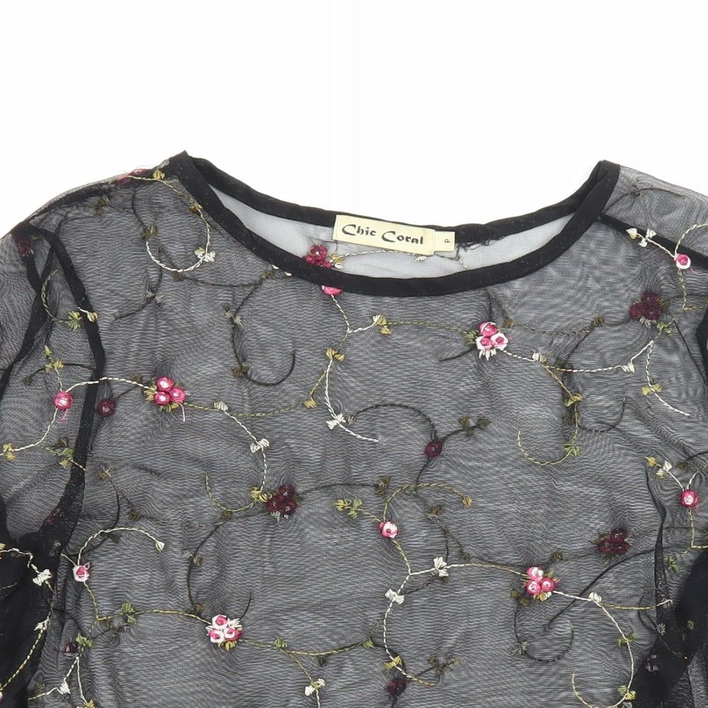 Chic Coral Womens Multicoloured Floral Polyester Tunic Blouse Size 10 Round Neck - Embroidered Flowers