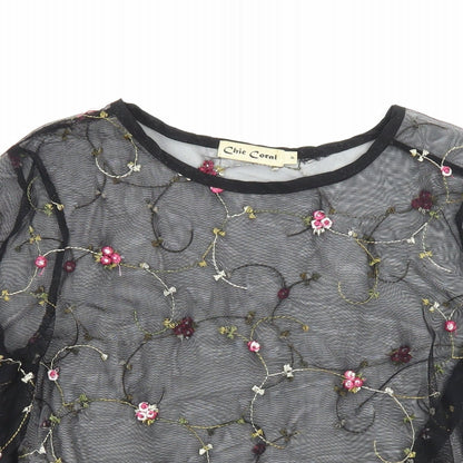 Chic Coral Womens Multicoloured Floral Polyester Tunic Blouse Size 10 Round Neck - Embroidered Flowers