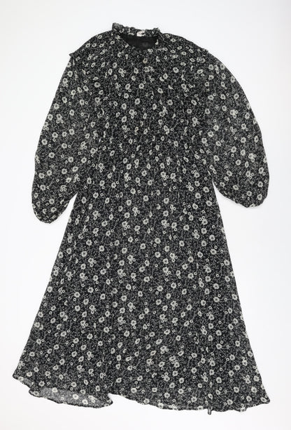 Mango Womens Black Floral Polyester A-Line Size S Round Neck Button