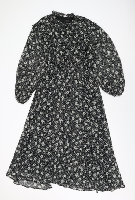 Mango Womens Black Floral Polyester A-Line Size S Round Neck Button