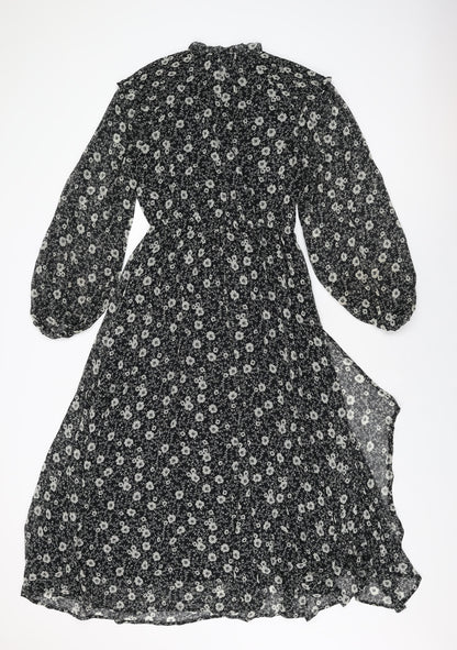 Mango Womens Black Floral Polyester A-Line Size S Round Neck Button