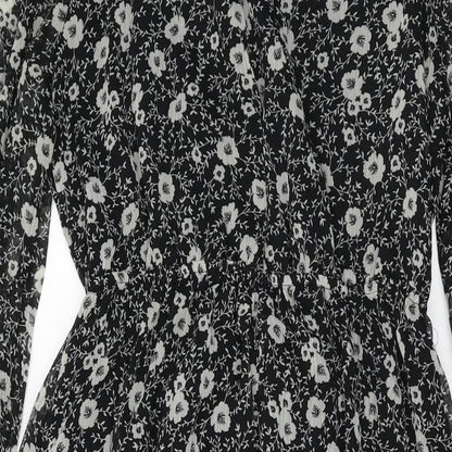 Mango Womens Black Floral Polyester A-Line Size S Round Neck Button