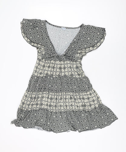 Oasis Womens White Geometric Polyester Skater Dress Size 12 V-Neck Pullover