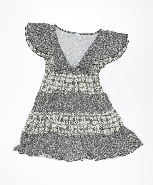 Oasis Womens White Geometric Polyester Skater Dress Size 12 V-Neck Pullover