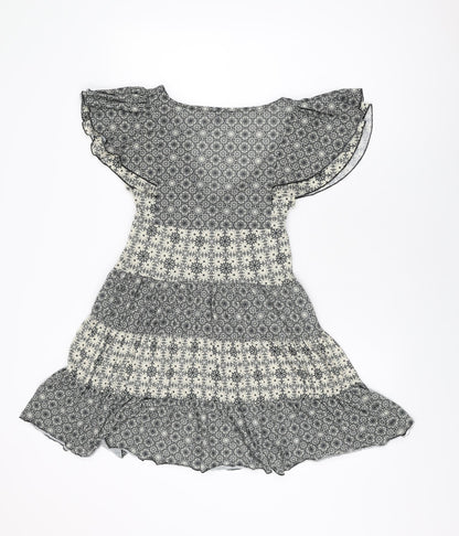 Oasis Womens White Geometric Polyester Skater Dress Size 12 V-Neck Pullover