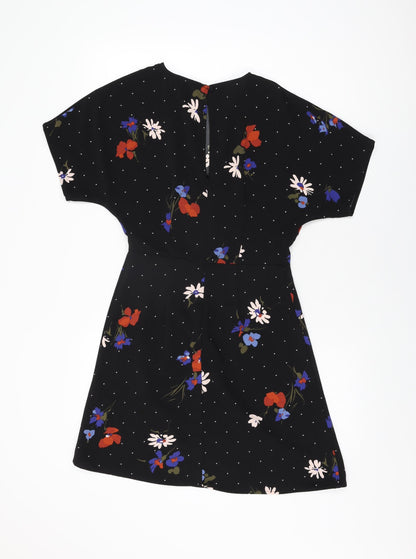 Warehouse Womens Black Floral Polyester Mini Size 6 Round Neck Zip
