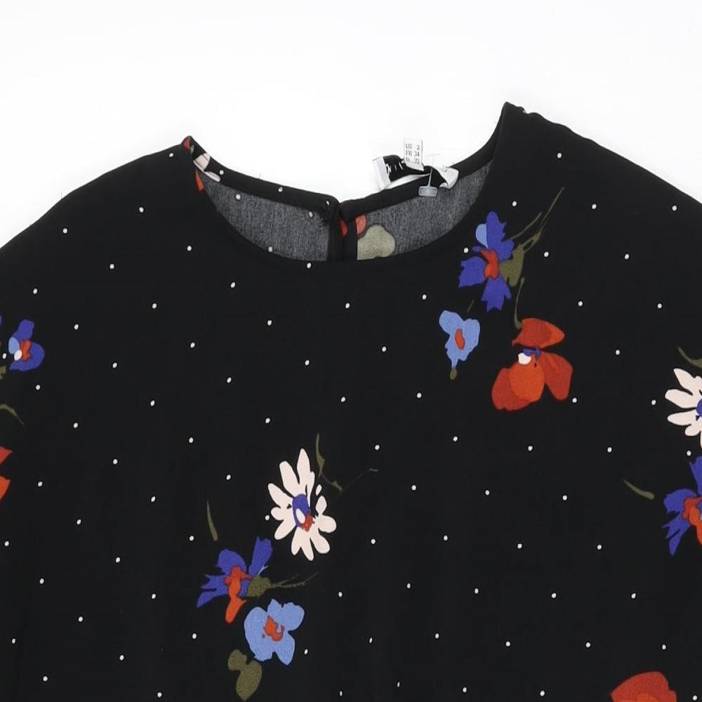 Warehouse Womens Black Floral Polyester Mini Size 6 Round Neck Zip