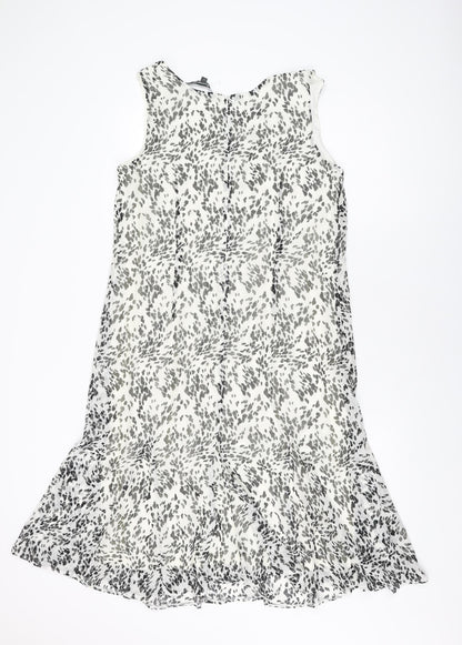 Bonmarché Womens White Geometric Polyester Shift Size 14 V-Neck Zip