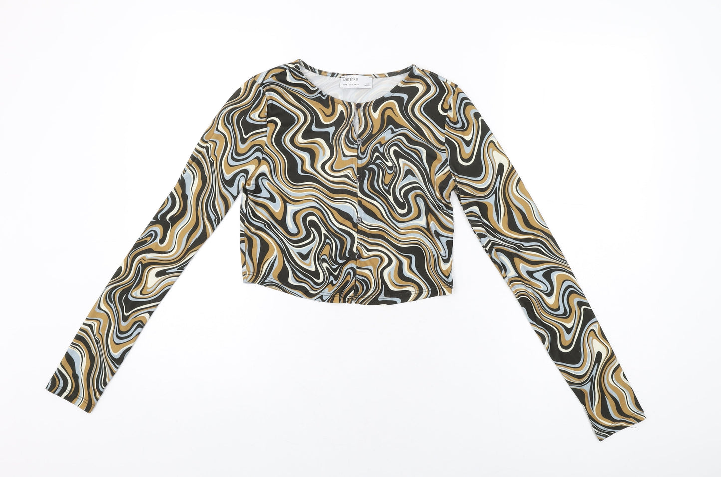 Bershka Womens Multicoloured Geometric Polyester Basic Button-Up Size S Round Neck