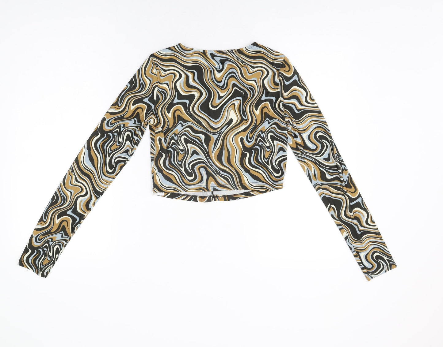 Bershka Womens Multicoloured Geometric Polyester Basic Button-Up Size S Round Neck