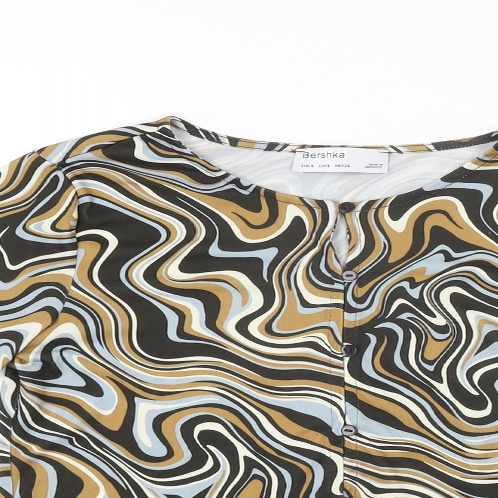 Bershka Womens Multicoloured Geometric Polyester Basic Button-Up Size S Round Neck