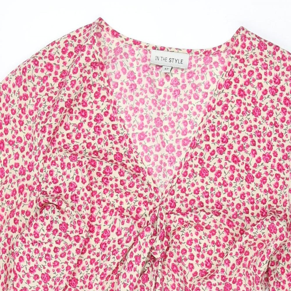 In the Style Womens Pink Floral Polyester Shift Size 12 V-Neck Zip