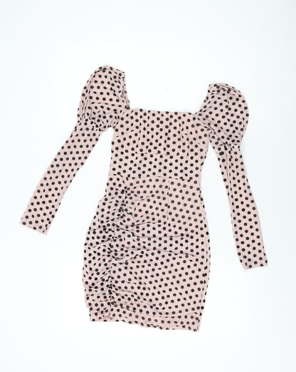 Quiz Womens Pink Polka Dot Polyester Bodycon Size 10 Square Neck Zip