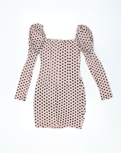 Quiz Womens Pink Polka Dot Polyester Bodycon Size 10 Square Neck Zip