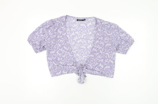 Nasty Gal Womens Purple Floral Polyester Wrap T-Shirt Size 8 V-Neck