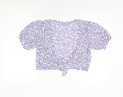 Nasty Gal Womens Purple Floral Polyester Wrap T-Shirt Size 8 V-Neck