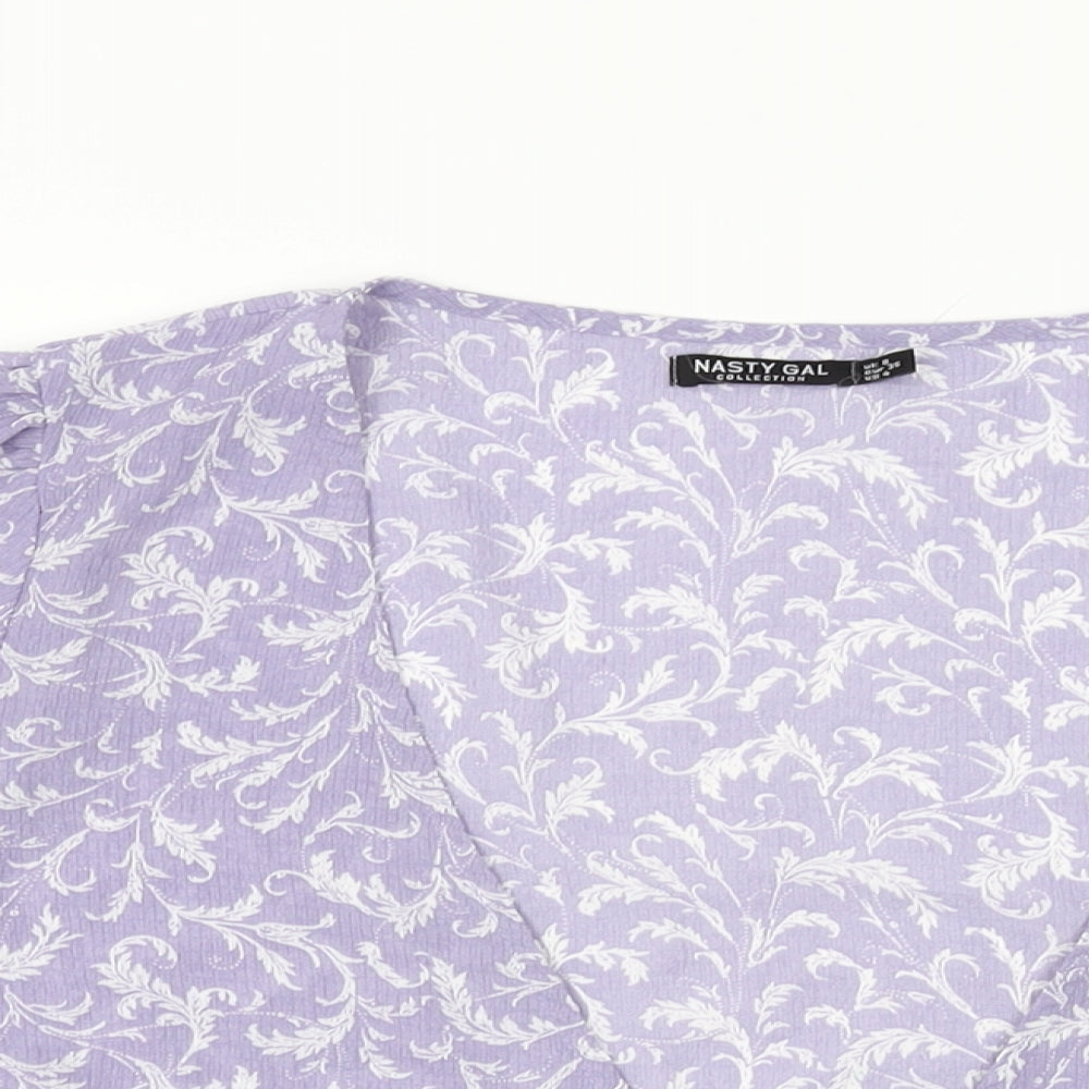 Nasty Gal Womens Purple Floral Polyester Wrap T-Shirt Size 8 V-Neck