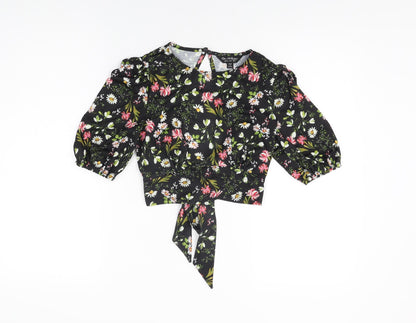 Miss Selfridge Womens Black Floral Polyester Cropped T-Shirt Size 6 Round Neck